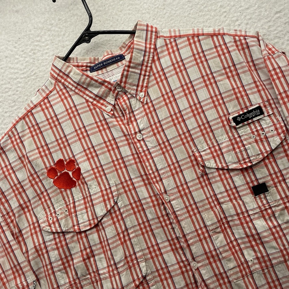 Columbia PFG Clemson Tigers Shirt Mens XXL Orange Plaid Super Bonehead Fishing